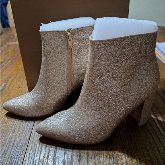 Size 7 Perphy Gold Metallic Glitter Pointed Toe Chunky Heel Ankle Boots Booties - Picture 9 of 10